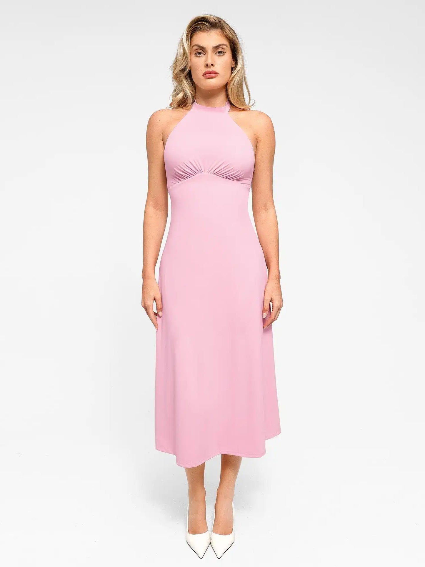 Popilush Shapewear Sculpting Backless Halter A-Line Midi Dress
