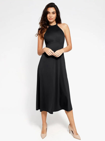 Popilush Shapewear Sculpting Backless Halter A-Line Midi Dress