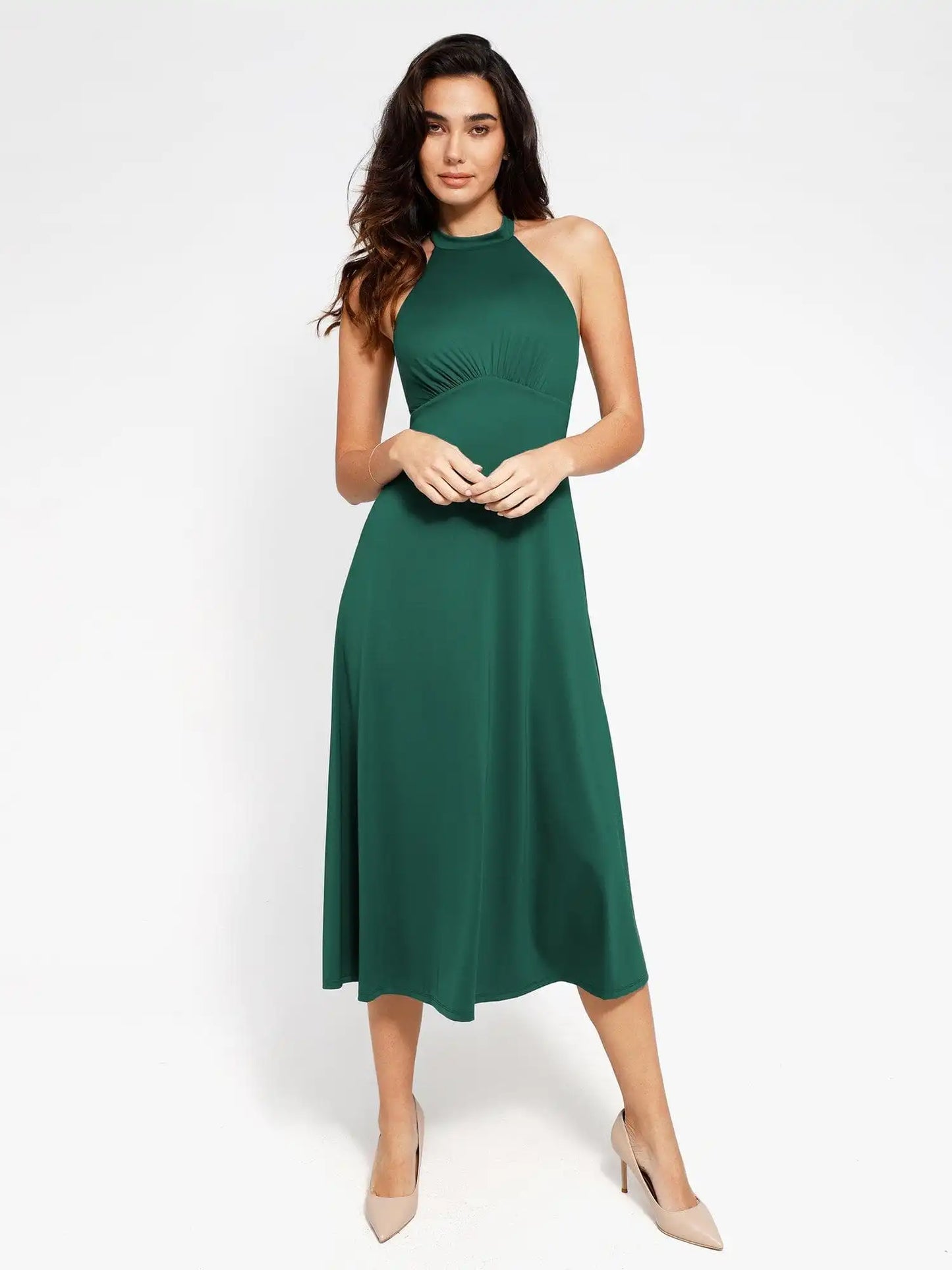 Popilush Shapewear Sculpting Backless Halter A-Line Midi Dress