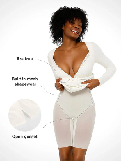 Popilush Shapewear Long Sleeve Lace Trim Sculpting Mermaid Maxi Dress