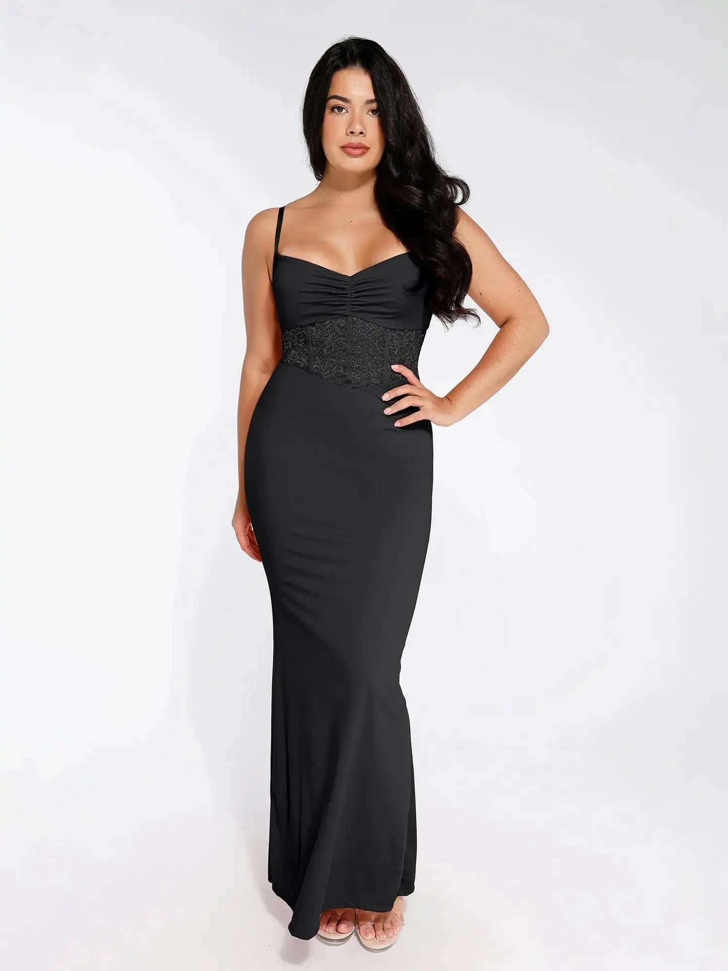 Popilush Shapewear Lace Inset Sculpting Mermaid Maxi Slip Dress