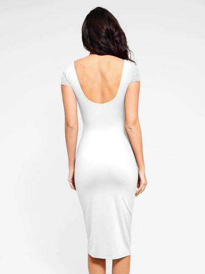 Popilush Shapewear Short Sleeve Low-Back Bodycon Midi Dress