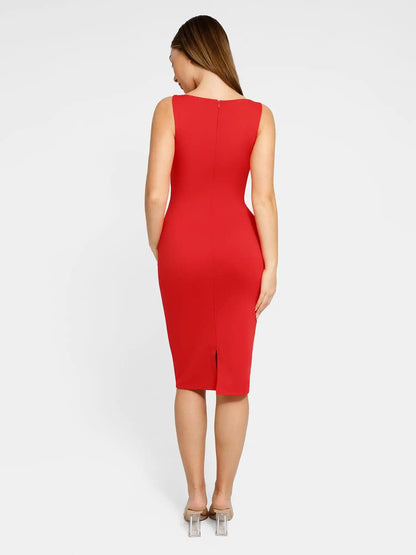 Popilush Shapewear Sleeveless Boatneck Sculpting Midi Work Dress