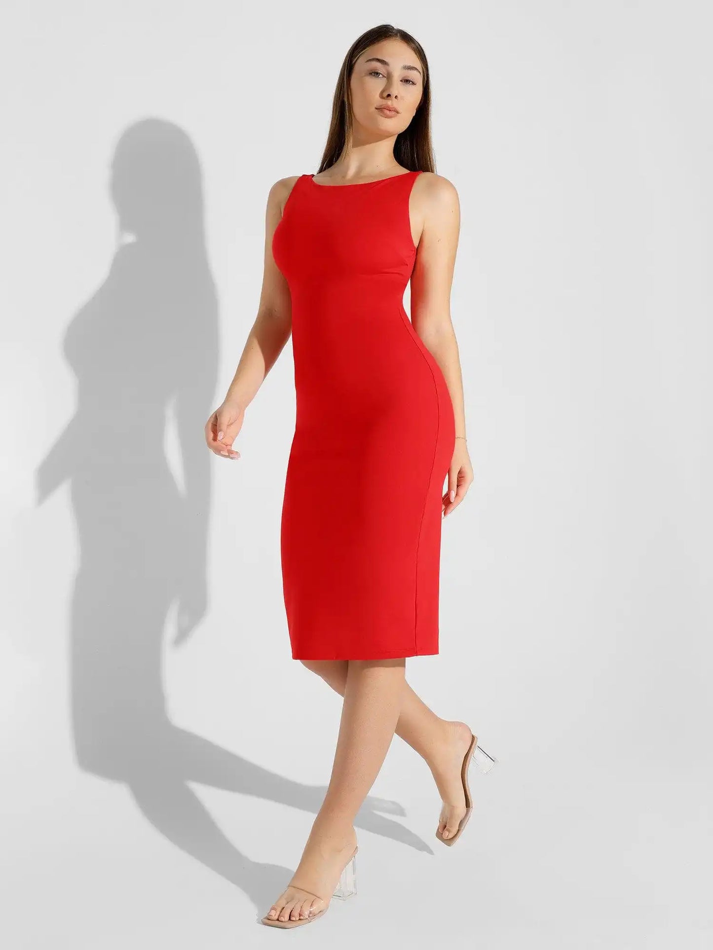 Popilush Shapewear Sleeveless Boatneck Sculpting Midi Work Dress