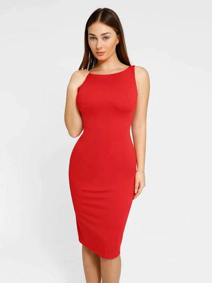 Popilush Shapewear Sleeveless Boatneck Sculpting Midi Work Dress