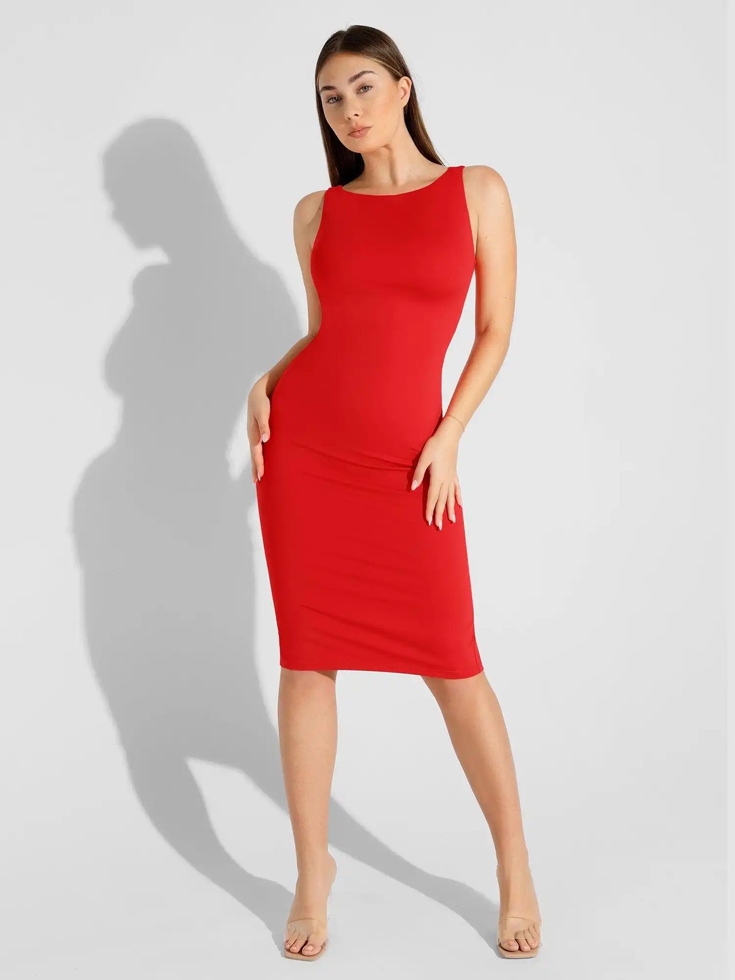 Popilush Shapewear Sleeveless Boatneck Sculpting Midi Work Dress