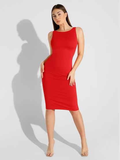 Popilush Shapewear Sleeveless Boatneck Sculpting Midi Work Dress