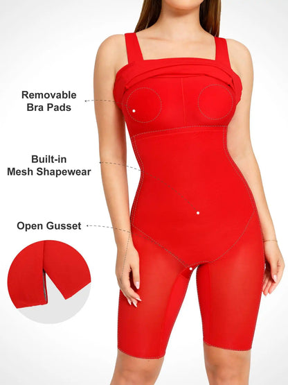 Popilush Shapewear Sleeveless Square Neck Sculpting Midi Work Dress