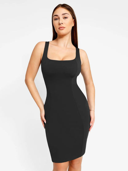 Popilush Shapewear Sleeveless Square Neck Sculpting Midi Work Dress