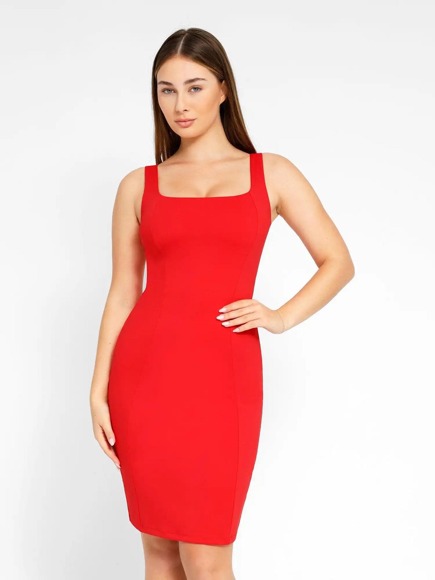 Popilush Shapewear Sleeveless Square Neck Sculpting Midi Work Dress